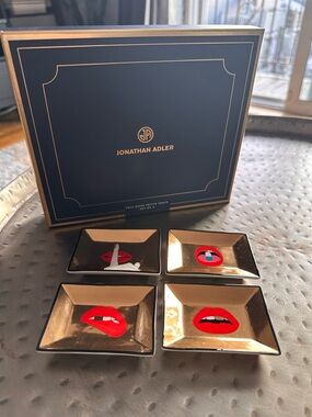 Jonathan Adler Gold Accent Petite Tray Set with Red Lip Motif